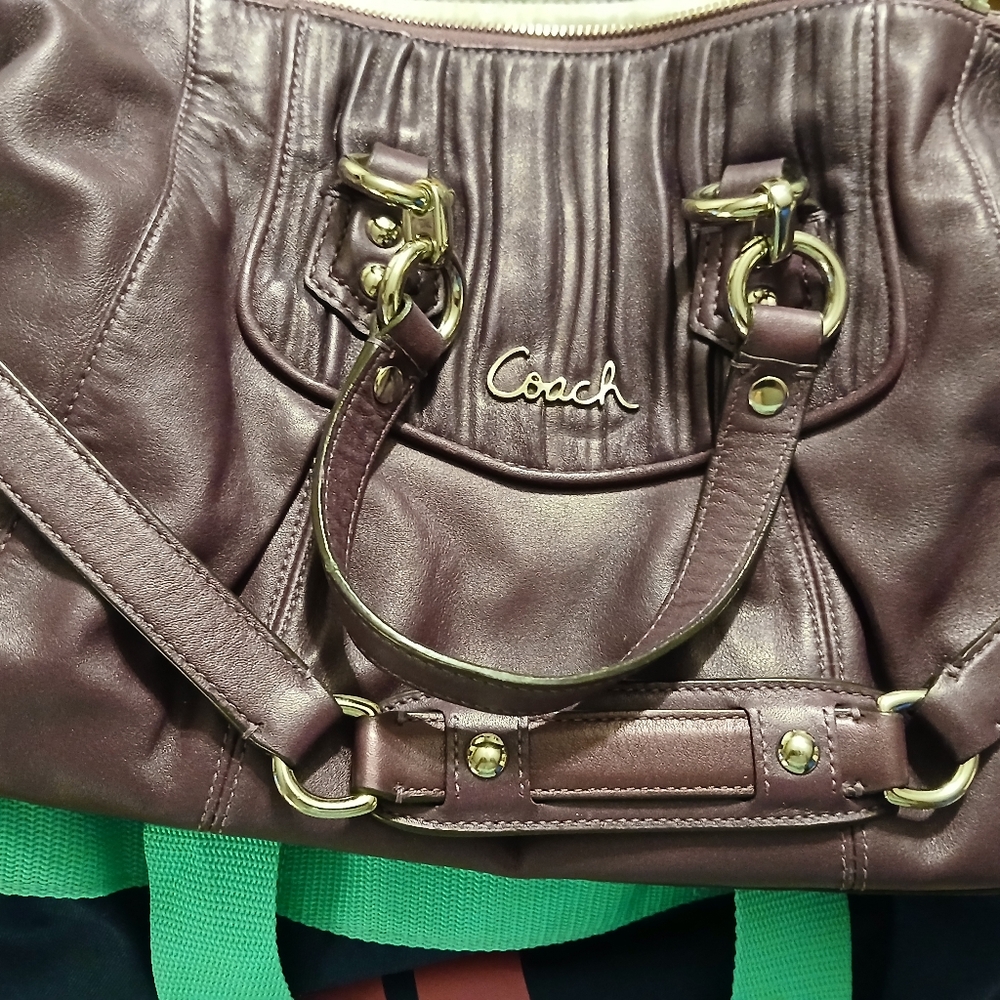 Coach Dark Brown Leather Shoulder Bag with Gold Accents